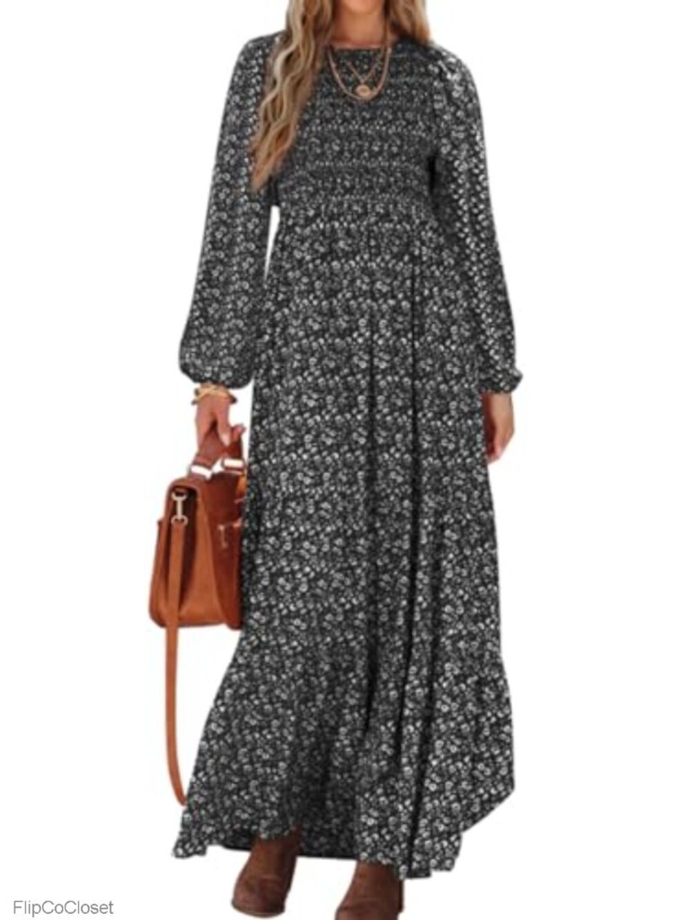 PRETTYGARDEN Floral Maxi Dress Long Sleeve Tiered Smocked A-Line Wedding Guest